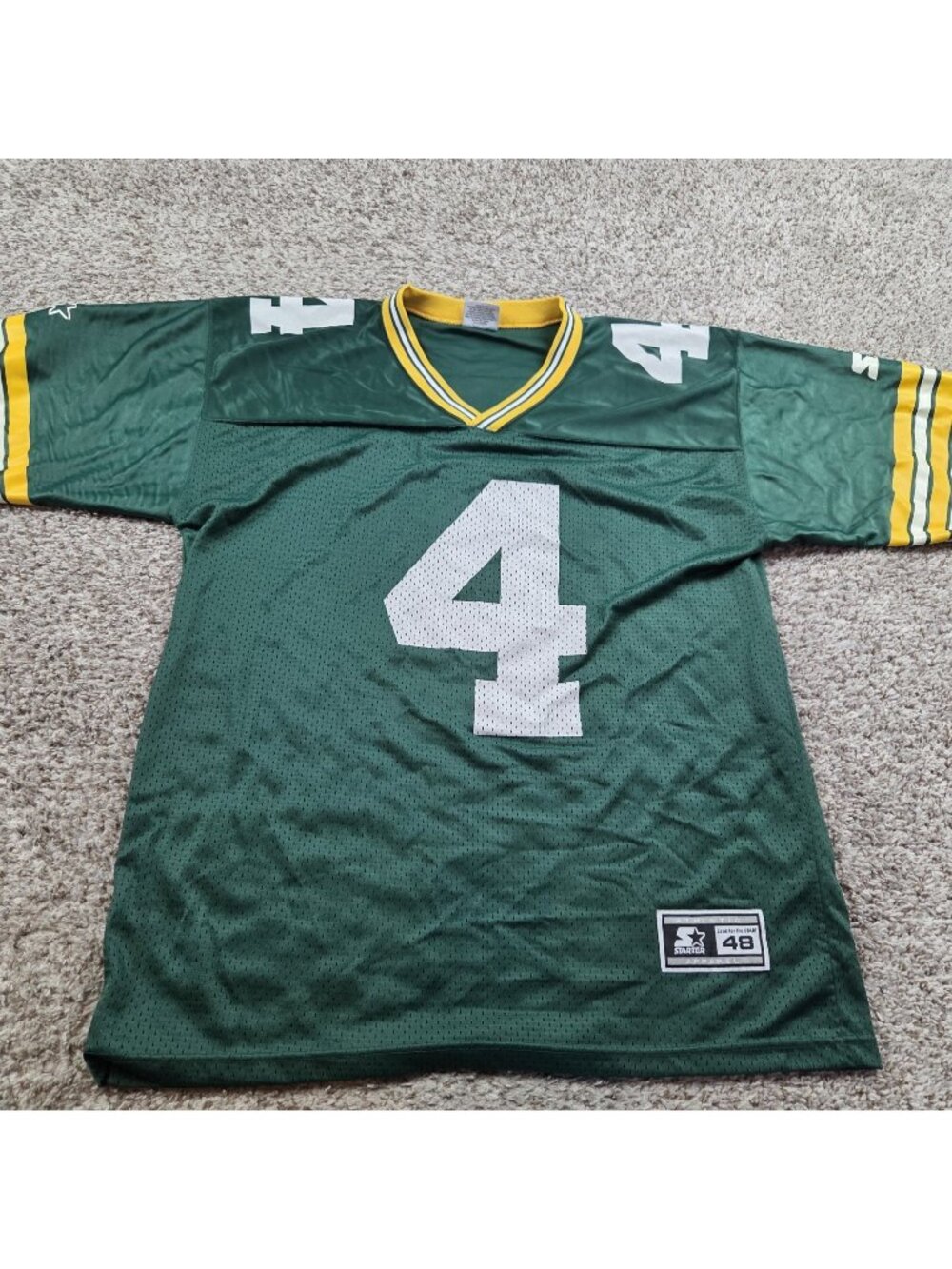 Vintage Green Bay Packers Starter Jersey Brett Favre #4 Mens 48 Large Green Flaw